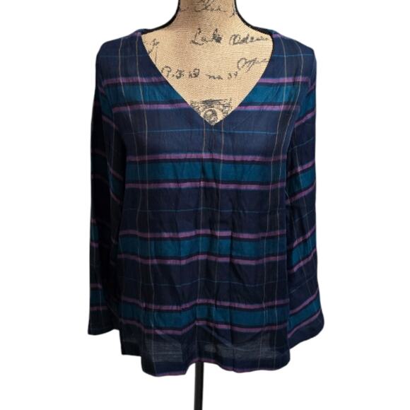 Loft Women's Blue and Purple Plaid Top with Bell Sleeves Size Small Medium New - Picture 2 of 9